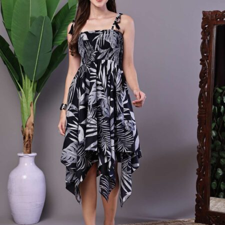 Women's Black & White Leaf Print Cotton Handkerchief Hem Dress Midi Dresses