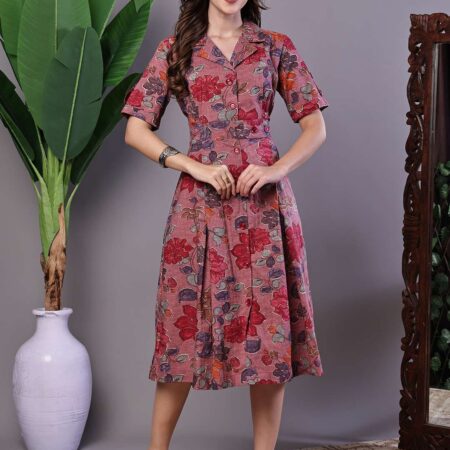 Women's Pink Floral Cotton Pleated Midi Dress with Collar