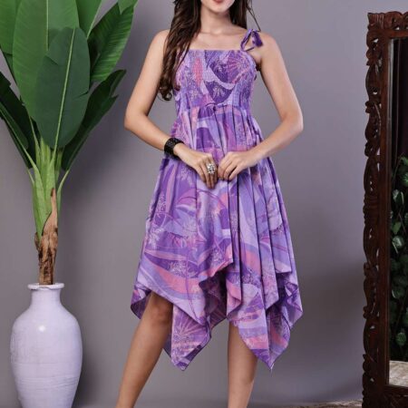 Women's Purple Printed Cotton Handkerchief Hem Midi Dress