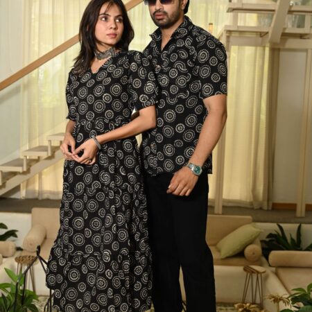 Couple Matching Black floral Printed Cotton Anarkali Midi Dress & Shirt Set ? Summer Casual Wear