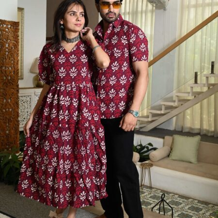 Couple Matching Maroon Cotton Printed Anarkali Midi Dress & Shirt Set ? Casual & Festive Wear